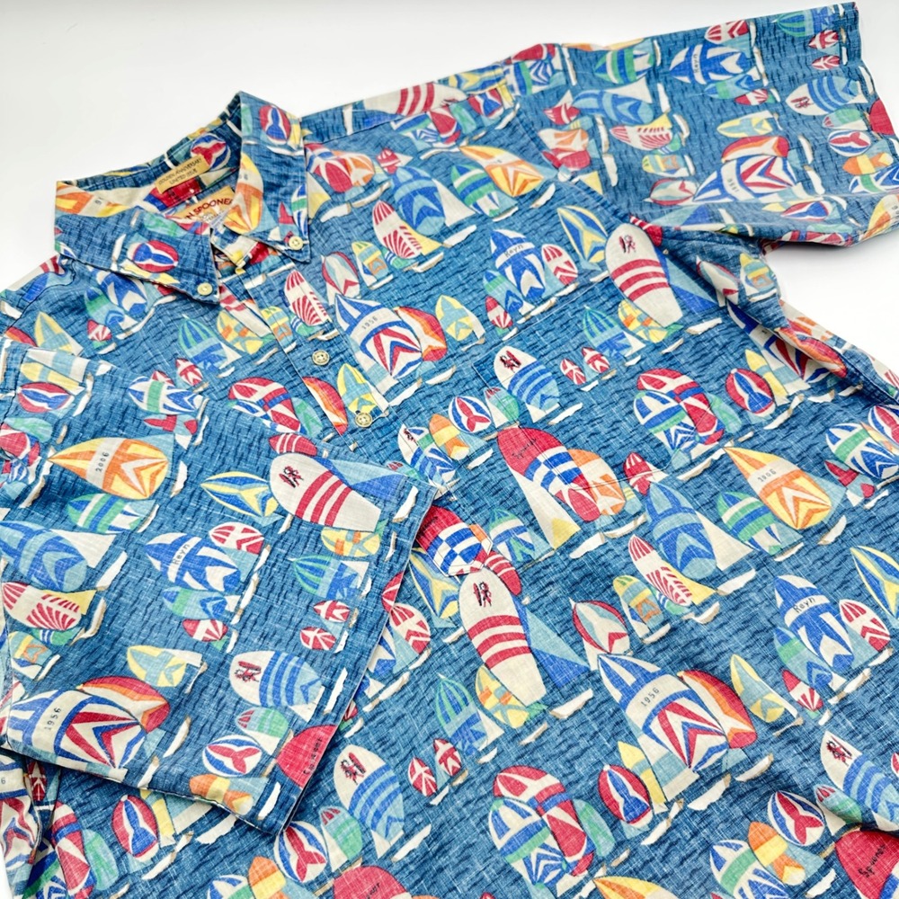 Reyn Spooner Shirt Mens L Blue Sailboat 50th Anniversary Aloha Hawaiian Exc